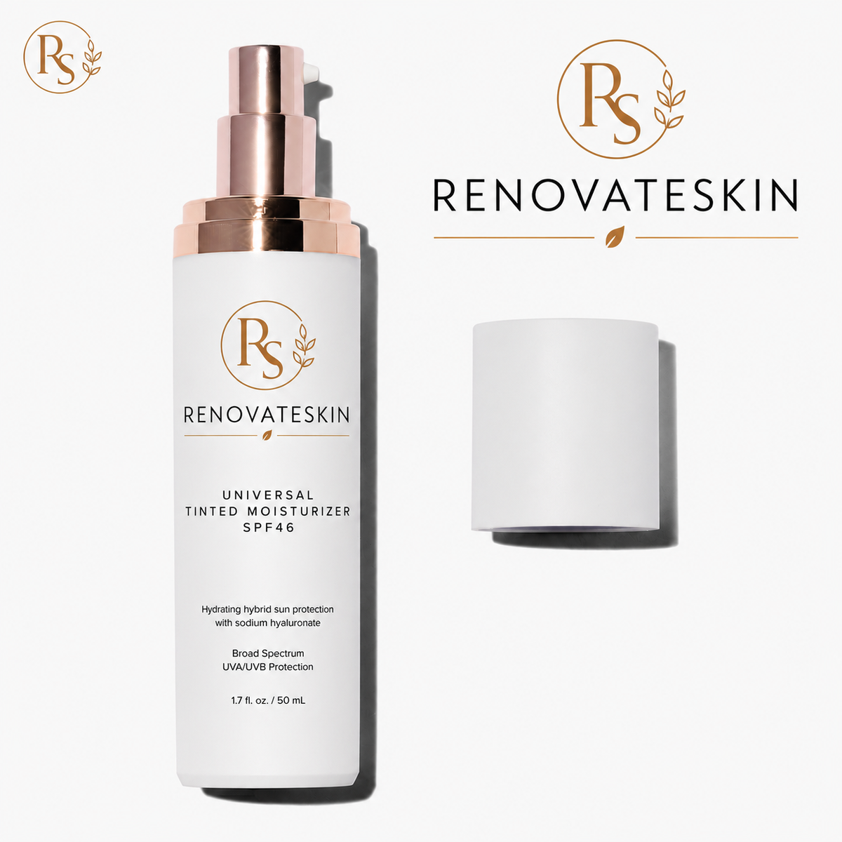 A white bottle of Renovateskin Universal Tinted Moisturizer SPF 46 with a metallic rose gold pump, shown next to its white cap on a light gray background with the brand logo.