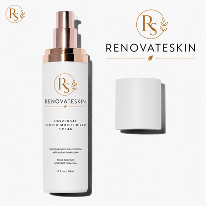 A white bottle of Renovateskin Universal Tinted Moisturizer SPF 46 with a metallic rose gold pump, shown next to its white cap on a light gray background with the brand logo.