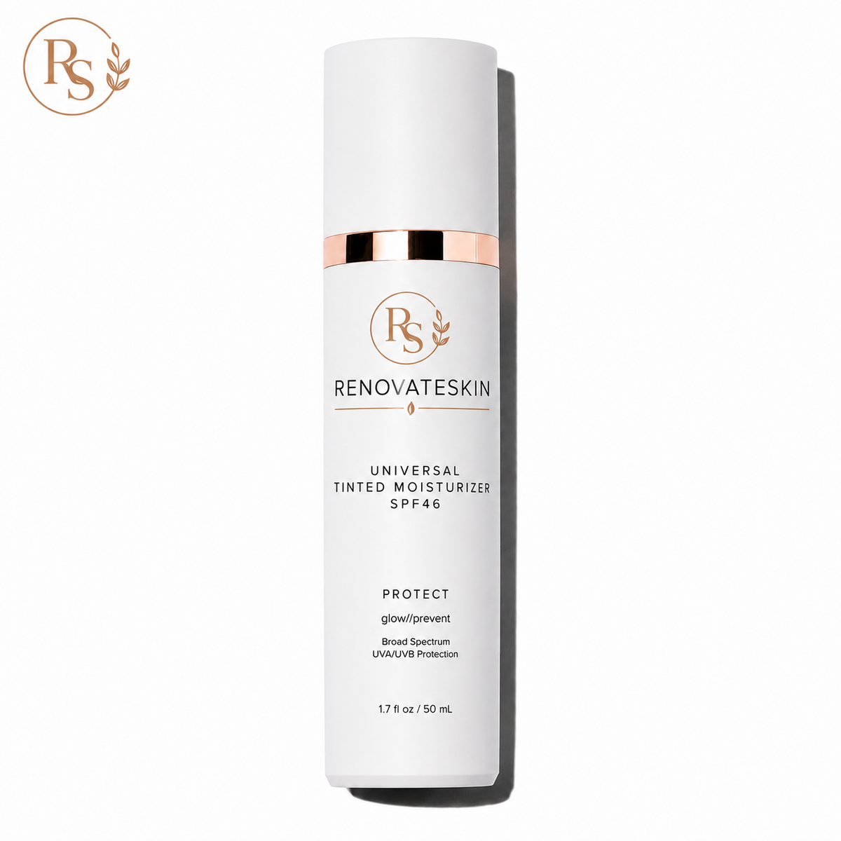 A white cylindrical bottle of RENOVATESKIN Universal Tinted Moisturizer SPF 46 with a metallic rose gold band and black text, set against a plain white background with a brand logo watermark in the top-left corner.

