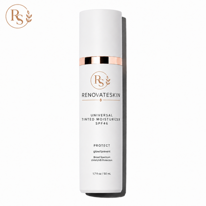 A white cylindrical bottle of RENOVATESKIN Universal Tinted Moisturizer SPF 46 with a metallic rose gold band and black text, set against a plain white background with a brand logo watermark in the top-left corner.

