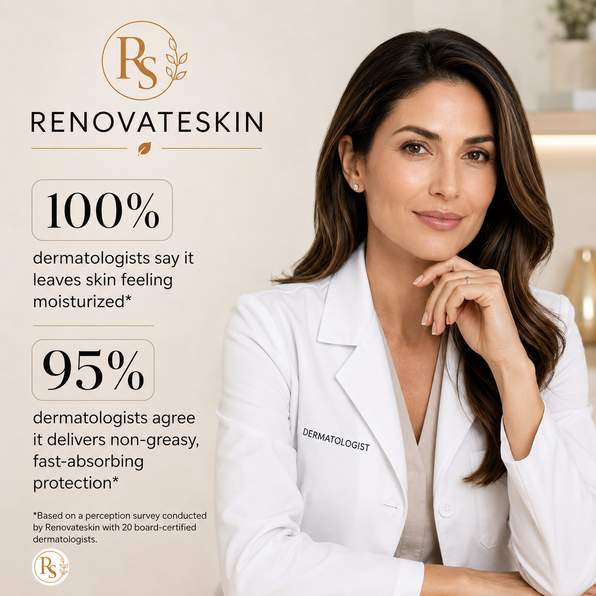 A woman in a white lab coat stands beside promotional text for Renovateskin, with claims about moisturization and non-greasy, fast-absorbing protection. The Renovateskin logo and name appear on the left, and the doctor's name is embroidered on her coat.