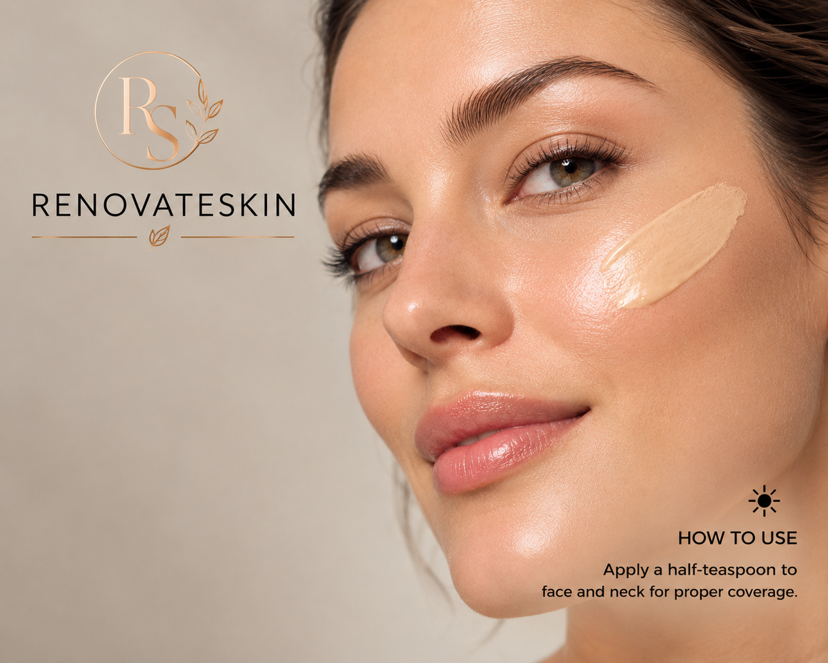 Close-up of a woman's face with a beige cream product swatch applied to her cheek, alongside the RENOVATESKIN logo and a 'HOW TO USE' tip on a soft beige background.