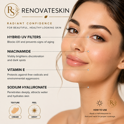 Promotional graphic for Renovateskin skincare featuring a close-up of a woman's face with text highlighting key ingredients: hybrid UV filters, niacinamide, vitamin E, and sodium hyaluronate. Two small icons at the bottom indicate cream texture and dewy feel.