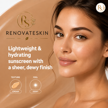 Renovateskin lightweight and hydrating sunscreen advertisement featuring a close-up of a woman's face with a large beige product texture swatch on the left side, accompanied by text and icons describing the cream texture and dewy feel.
